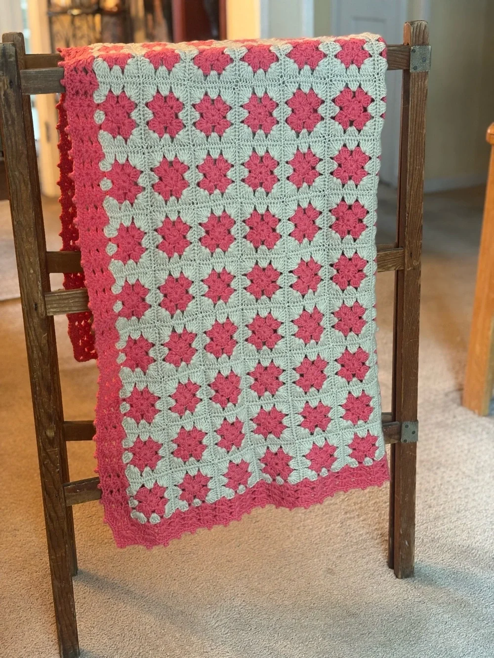 Vintage 70s Boho Crocheted Pink Gray Floral Granny Square Afghan Throw